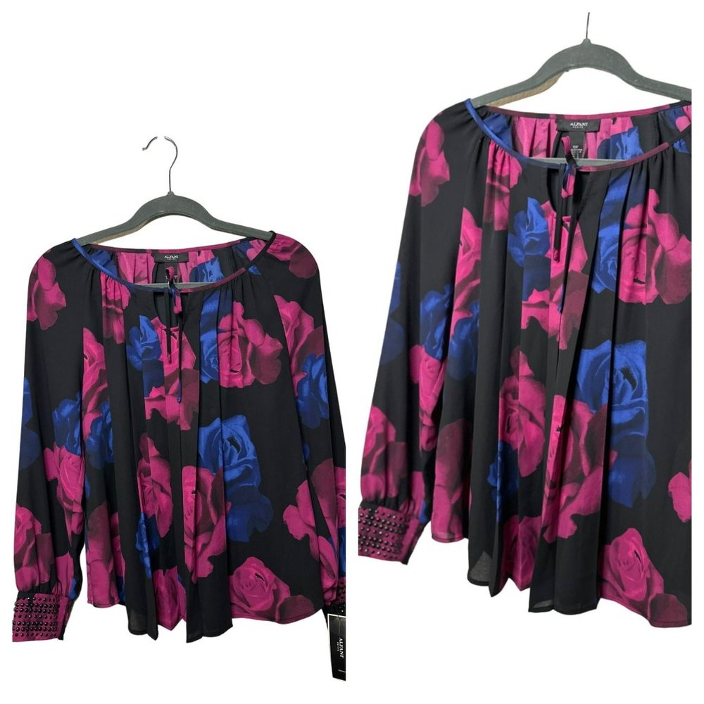 NWT Alfani Ladies Pink Blue Flowy‎ Stylish Floral Sequin Sleeve Blouse SZ 10P